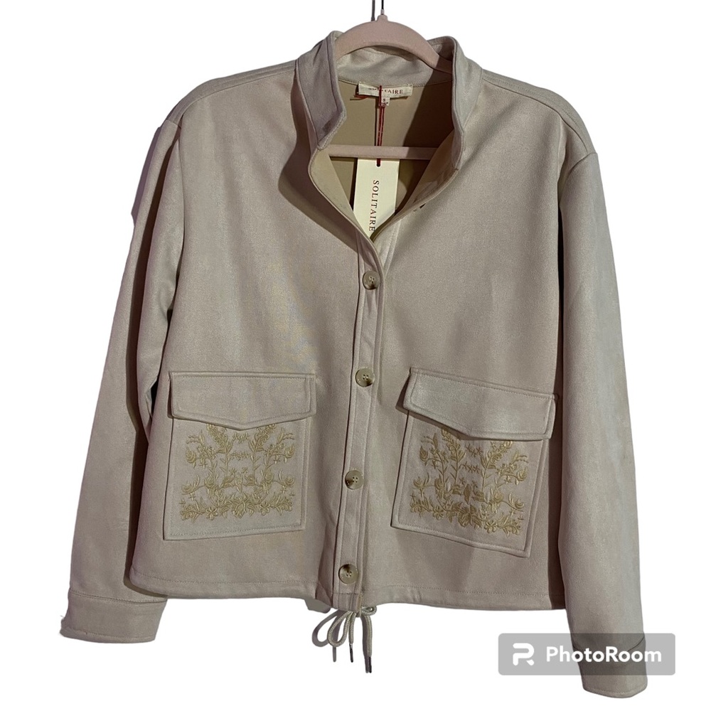 Anthropologie Solitaire jacket S Beige floral embroidery faux suede minimalist